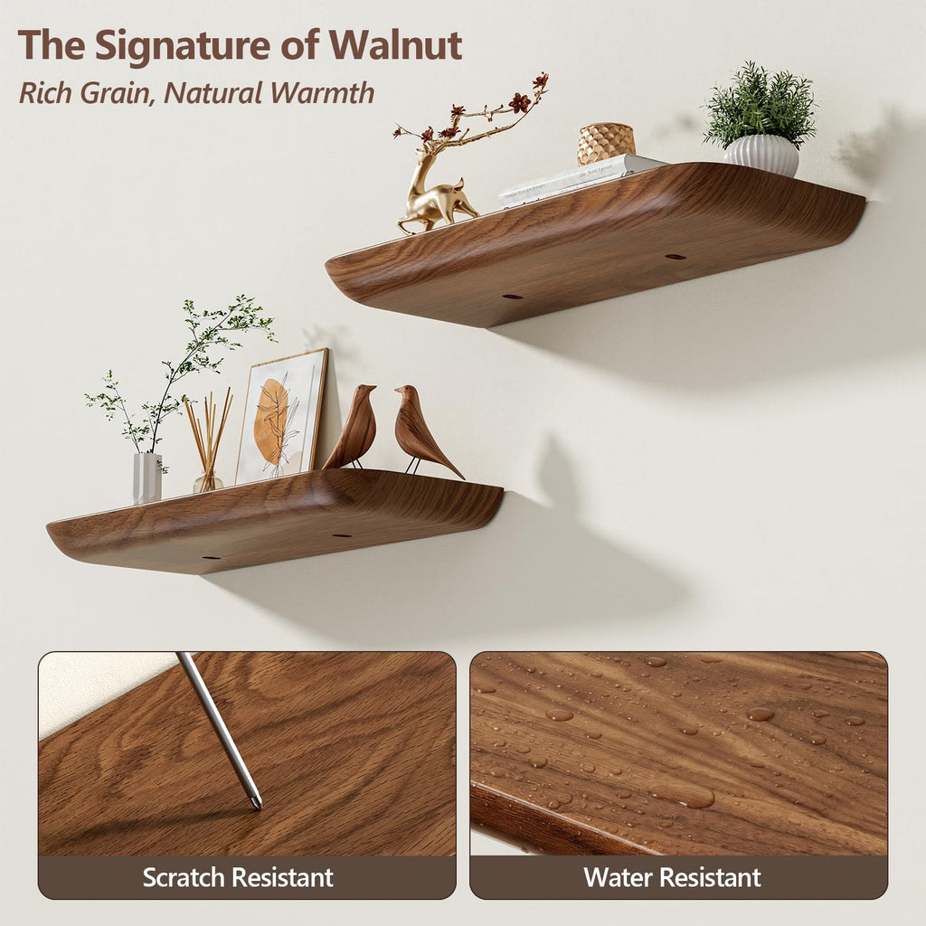 Solid Walnut Floating Shelves for Wall 16.5 Inch Set of 2, Round Edge Wall Mounted Shelf, Rustic Farmhouse Wooden