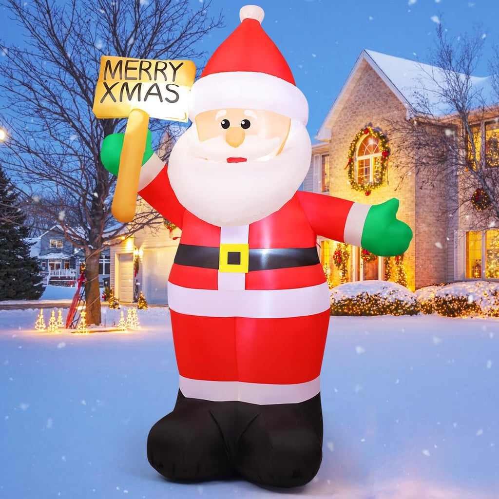 8 FT Christmas Inflatables Santa Claus Outdoor Decorations Blow Up Yard Santa Claus Holding Merry Xmas Sign with