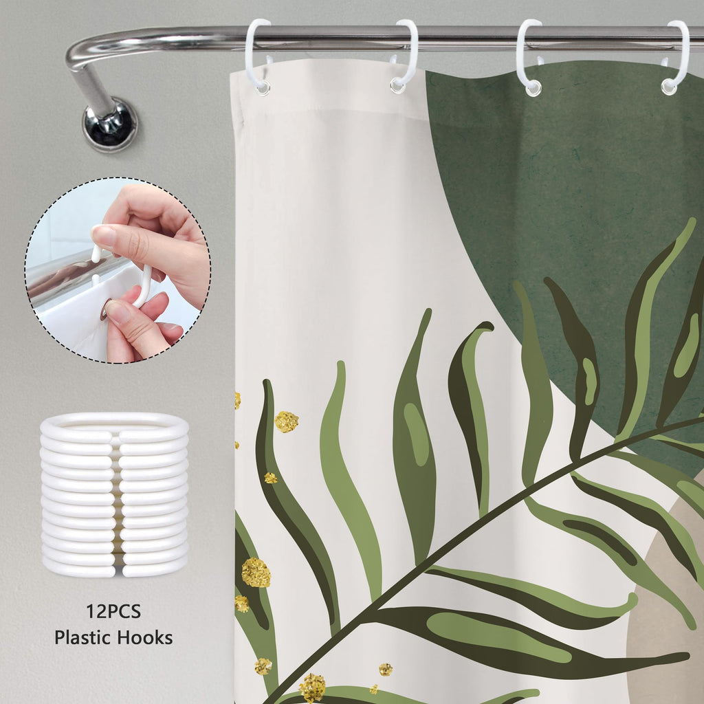 Green Boho Mid Century Shower Curtain 72Wx72H Abstract Gold Leaves Grey Modern Sun Arch Minimalist Geometric