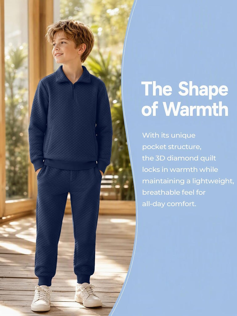 Boys 2 Piece Outfits Quilted Quarter Zip Sweatshirt and Jogger Set