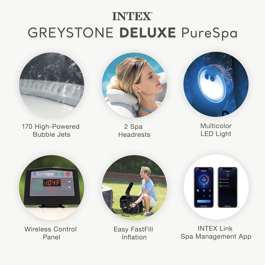 PureSpa 6 Person Inflatable Hot Tub with Energy-Efficient Spa Cover | 28451EP Greystone Deluxe: Built-in Hard Water