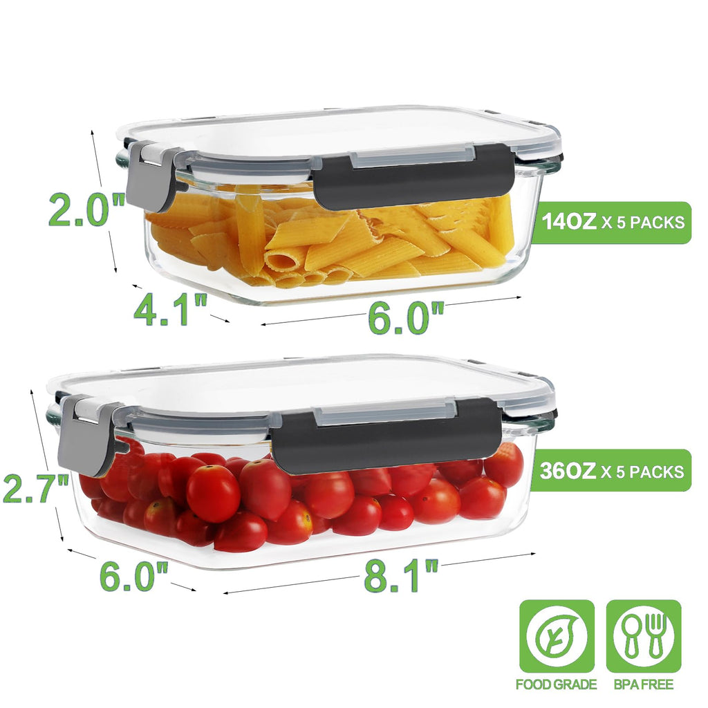 Glass Meal Prep Containers, 36 oz/14 oz, Locking Lid Set