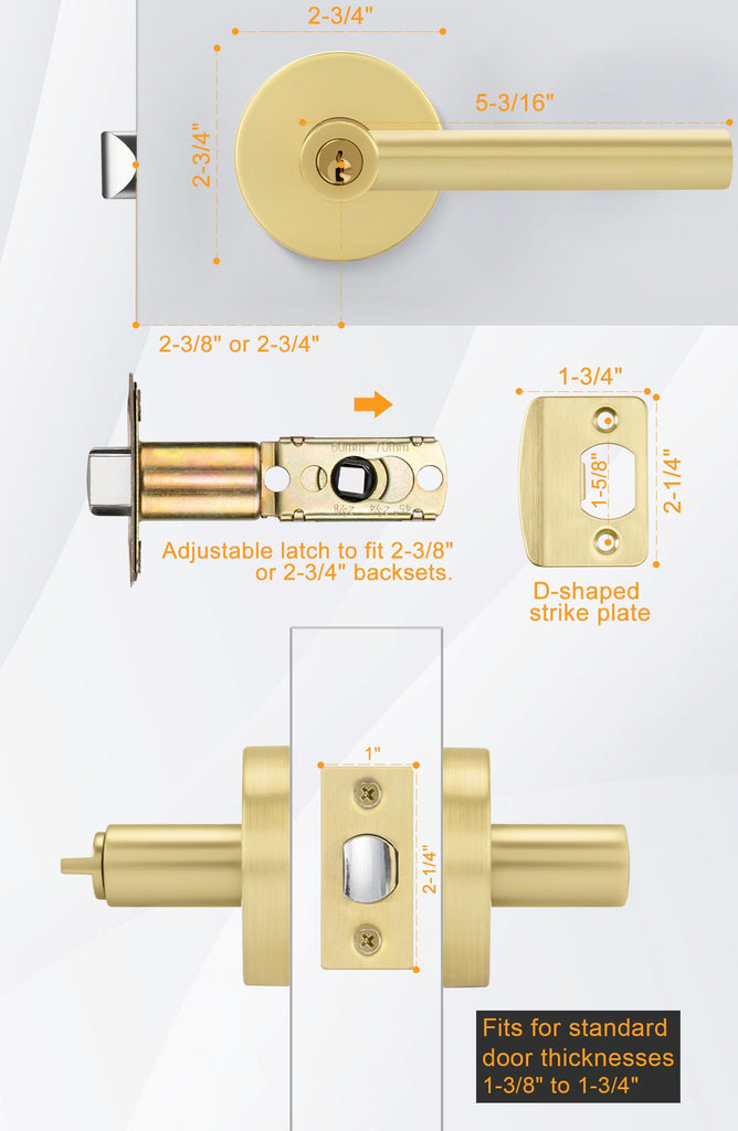 Entry Door Handle with Lock and Key, Zinc Alloy Heavy Duty Gold Exterior Door Handle, Keyed Door Lever with Locks and