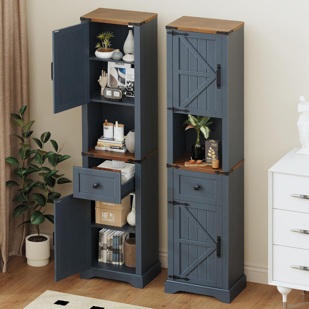 66" Tall Farmhouse Bathroom Storage Cabinet with Barn Doors, Blue
