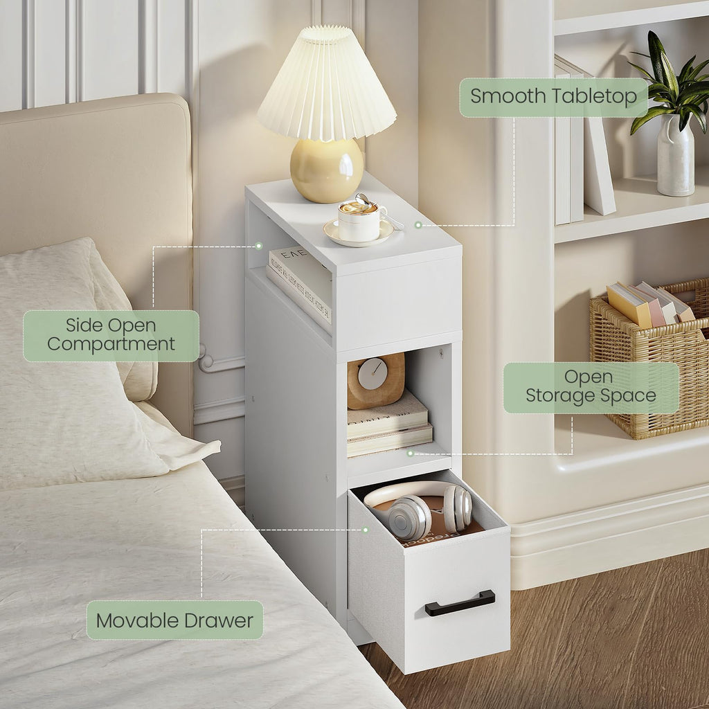 Narrow Side Table, 7.9" Small Nightstand with Drawer, Skinny Bedside Table, for Small Spaces, Flexible Open