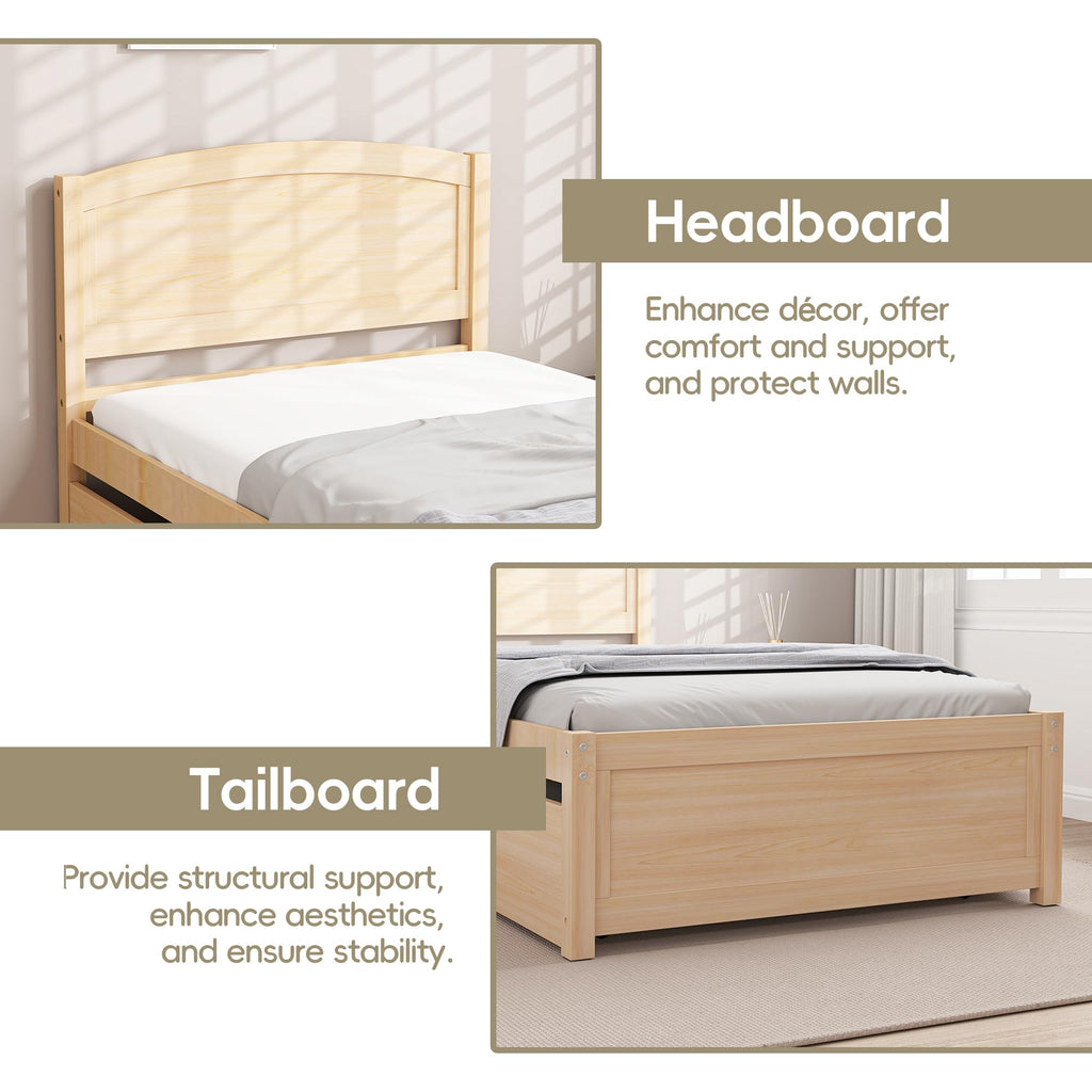 Twin Trundle Bed, Solid Wooden Pull Out Bed Frame, Extendable Day Bed with Headboard and Soild Wood Slats Support