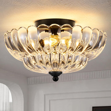 3-Light Semi Flush Mount Ceiling Light Fixture, Vintage Crystal Glass with Black Metal Frame, Modern Close-to-Ceiling