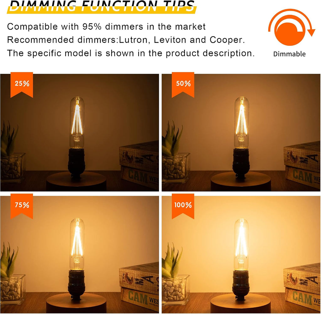 4W Vintage LED Bulb Dimmable Warm White 2700K, E26 T10 Edison Bulb, 400LM