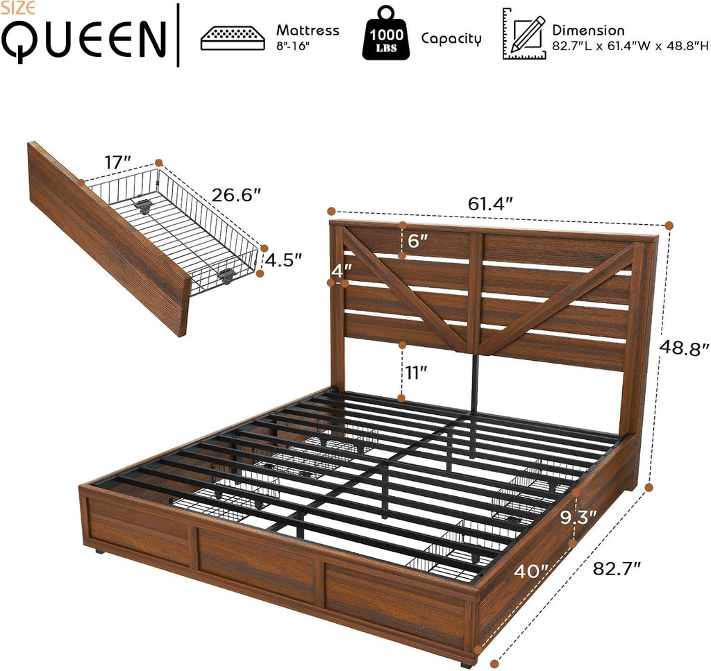 48.8" H Queen Bed Frame with 4 Storage Drawers, Farmhouse Platform Bed with Barn Door Headboard, Rustic Wood Grain