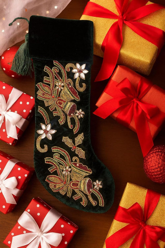 Luxury Velvet Christmas Stocking 21" x 7" - Hand Beaded, Embroidered Green Stocking with Tassel for Mantle Décor &