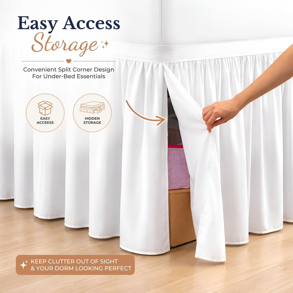 Dorm Bed Skirt Twin XL 30 Inch Drop Length - White, Ruffled Pattern College Dorm Room Dust Ruffle - Split Corner