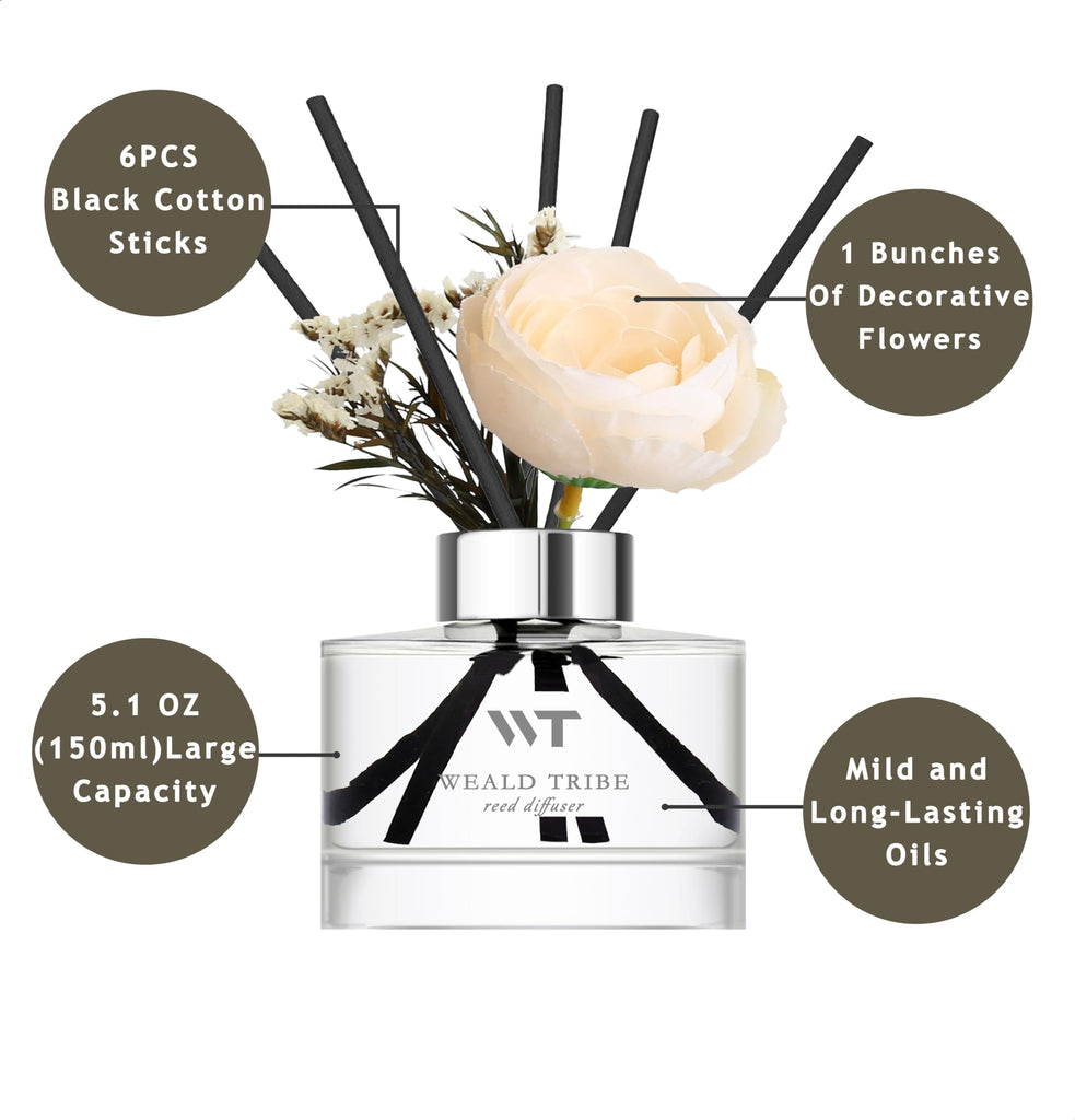 Flower Reed Diffuser Set Sandalwood Rose Scent Accessories Shelf Decor & Air Fresheners, Sticks Defusers with 5.1 fl
