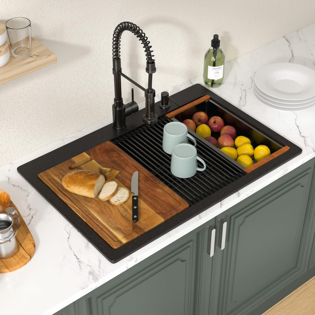33 Inch Drop In Black Composite Granite Single Bowl Sink