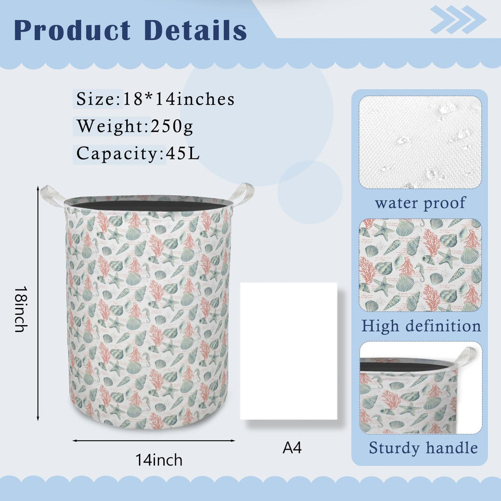 Coastal Beach Laundry Basket Hamper, Ocean Nursery Decor, Blue Seahorse Seashell Starfish Coral Foldable Clothes Toys