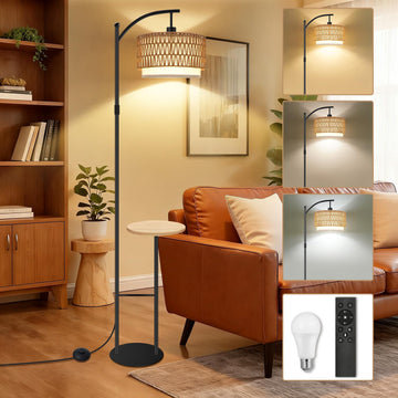 Arc Rattan Floor Lamp with Table Dimmable 3 Color Temp