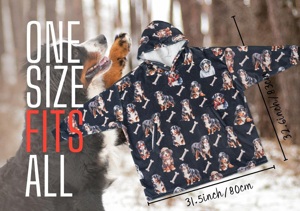 Bernese Mountain Gifts for Women & Men, Bernese Mountain Themed Wearable Flannel Blanket Hoodie, Oversized Hooded