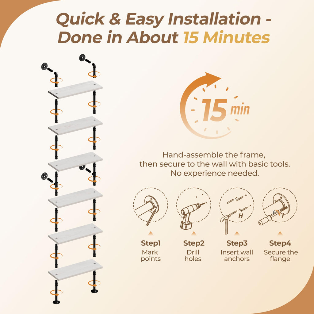 Industrial Pipe Bookshelf, Wall Mounted Shelf, 30 Inch, White