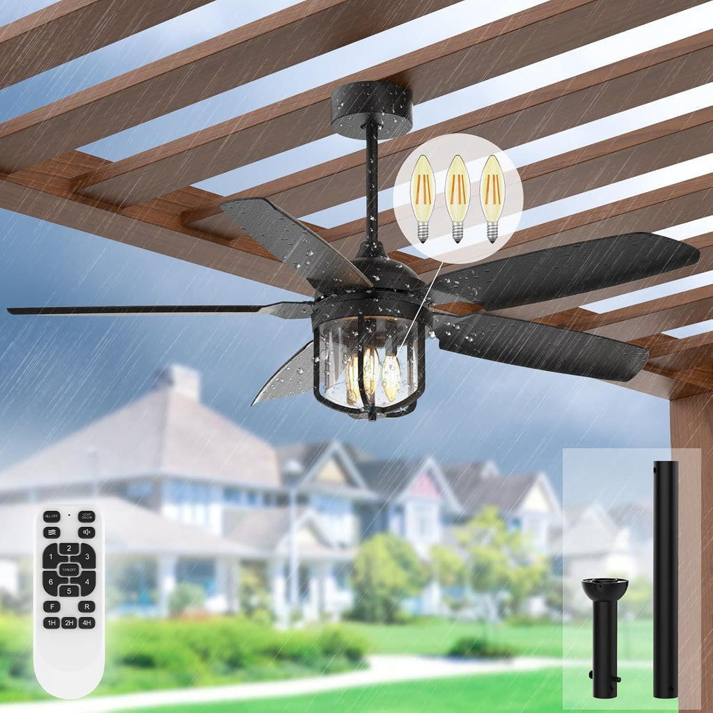 52 inch Outdoor Ceiling Fans with Lights for Patios, IP65 Waterproof Ceiling Fan with Remote and 6-Speed DC Motor, Gazebo Ceiling Fan for Porch Pavilion Farmhouse Black (Included 3pcs Bulb) A101-B0F65GVGB5