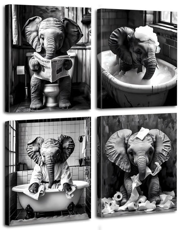 Framed Bathroom Decor Wall Art, Funny Black and White Elephant Wall Art