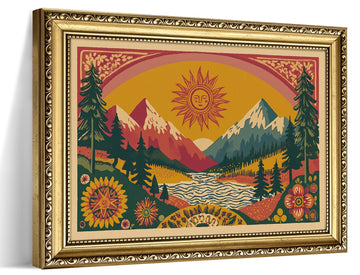 Gold Framed Boho Canvas Wall Art, Abstract Mountain Sun Print, 16x24in