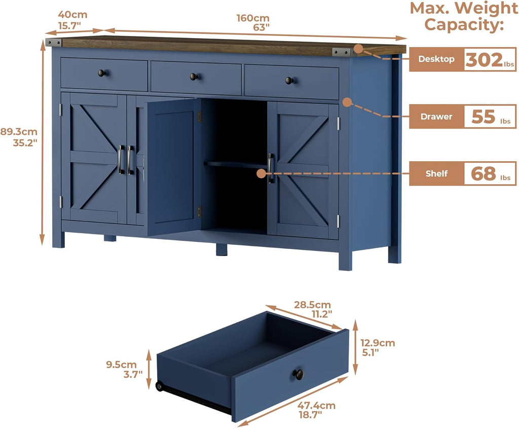 63" Sideboard Buffet Cabinet with Storage, Coffee Bar with 3 Drawers and 4 Barn Doors