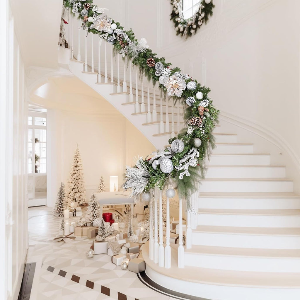Pre-lit 9 Feet/108 Inch Christmas Garland, White & Silver Lighted Garland with 50 LED Lights for Indoor Outdoor Xmas