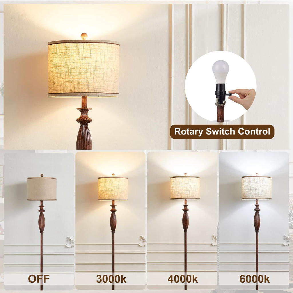 Vintage Floor Lamp, Rustic Standing Lamp with Linen Shade, Dark Wood Grain