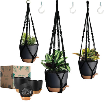 3 Pack Self Watering Hanging Planters Macrame Plant Hangers with Indoor Flower Pots, 3 Different Size Hanging Basket