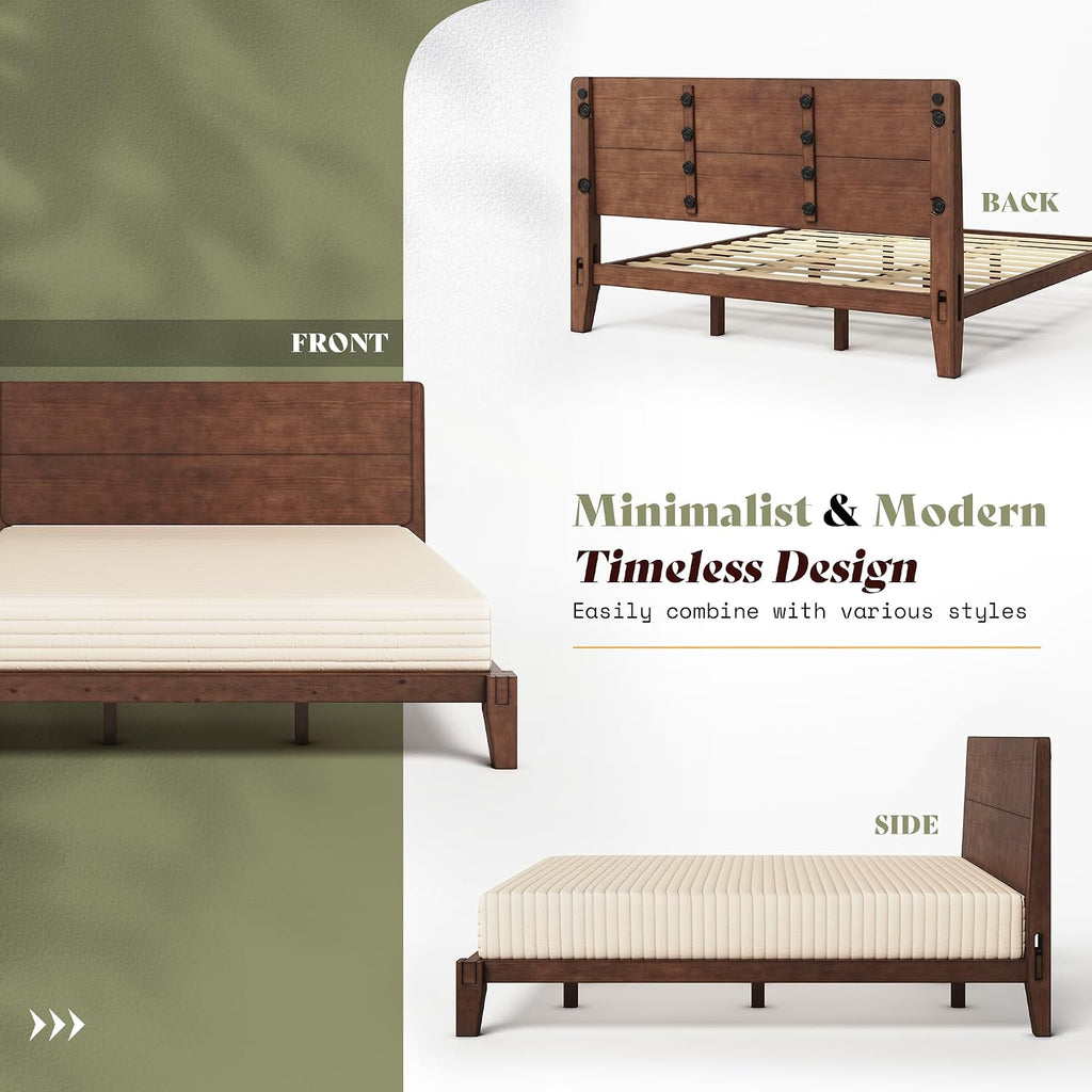 Solid Wood King Bed Frame with Headboard, Japanese Joinery, Walnut