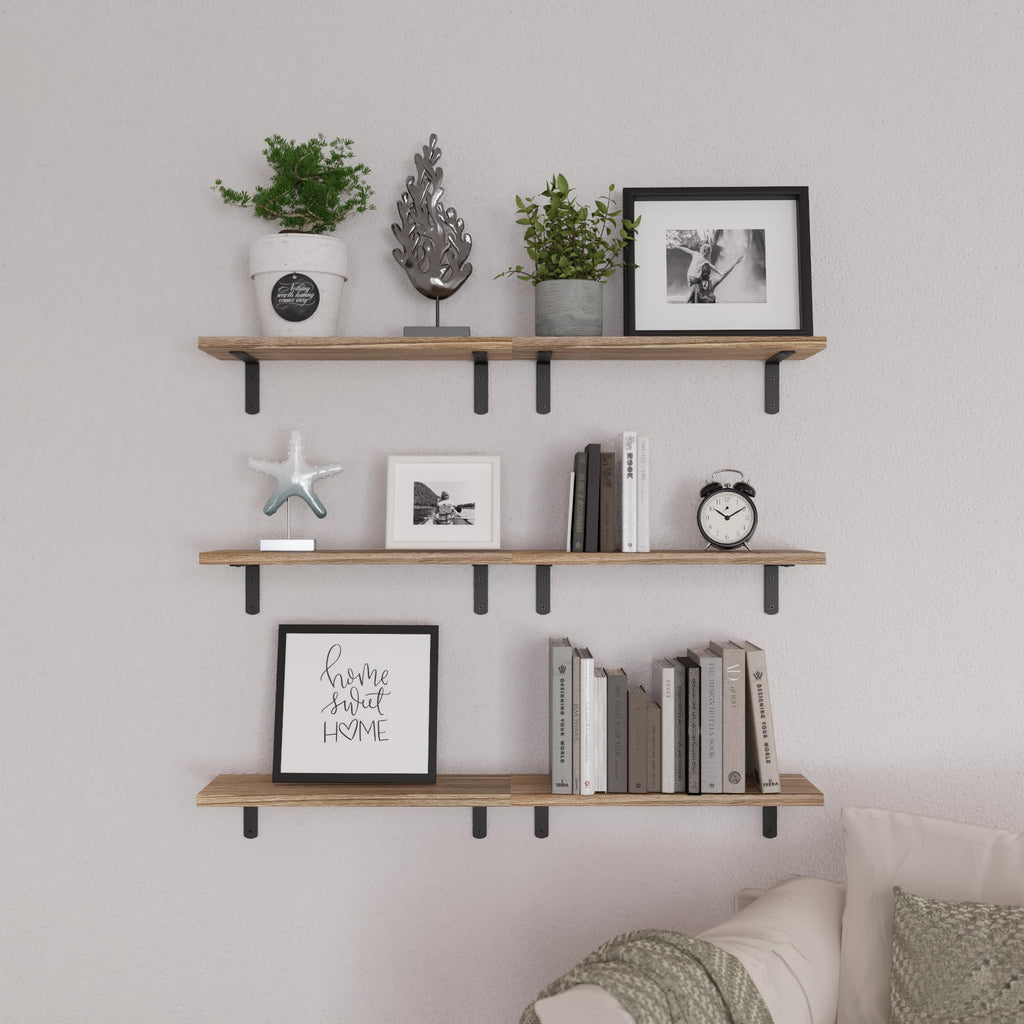 Floating Shelves Set of 6 for Wall Decor & Storage, Rustic Brown