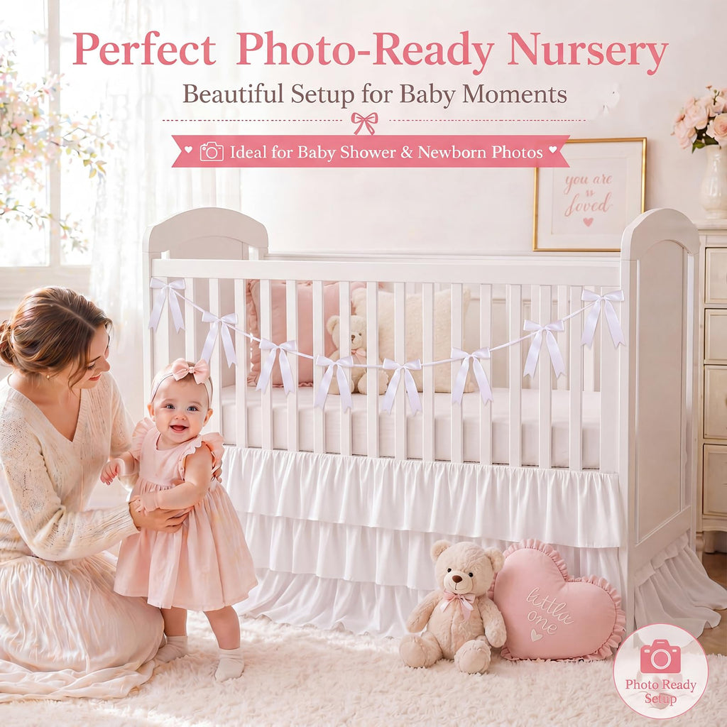 Extra Long White Ruffled Crib Skirt with 8 Pcs Cot Bow