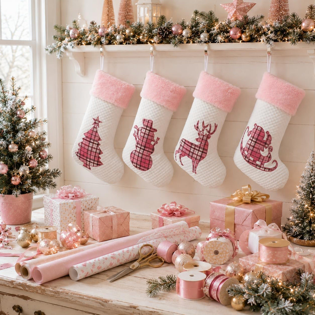 White Pink Buffalo Plaid Embroidered Christmas Stockings Set of 4