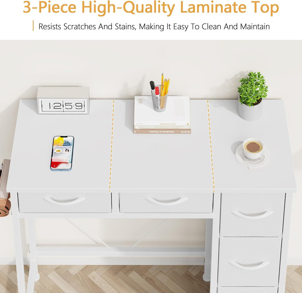 Small Desk with 5 Fabric Drawers, 33 Inch Writing Desk, Simple PC Desks for Small Place