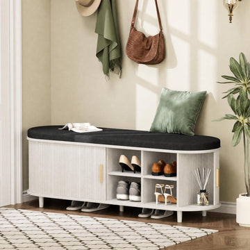 2-Tier Storage Bench, Wide Shoe Bench with Thickened Padded Seat Cushion, Mid Century Modern Fluted Sliding Door and