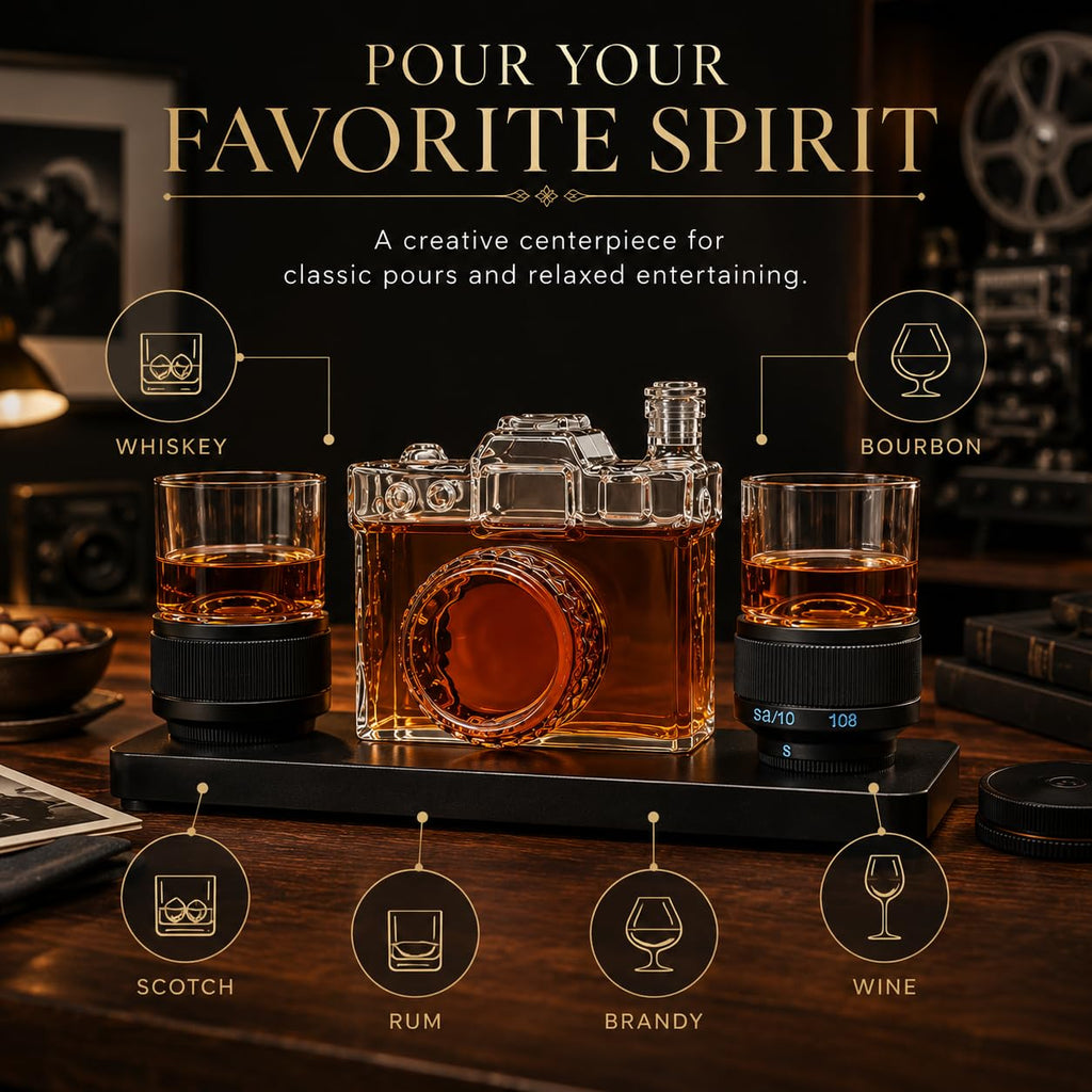 Camera Shaped Wine & Whiskey Decanter - 27.4OZ Photographer Unique Decanter Set with Beautiful Gift Box, Photo