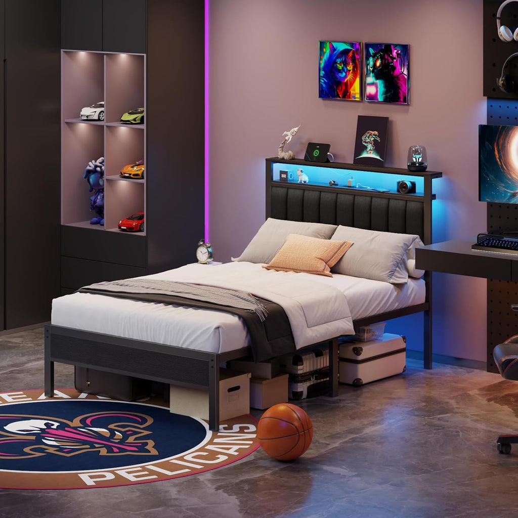 Full Bed Frame with Charging Station and LED Lights, Platform Bed with Metal Slats