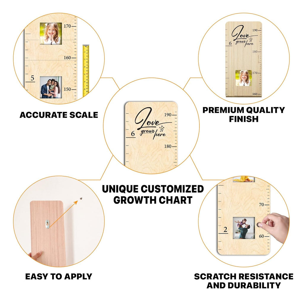 Wooden Growth Chart for Kids with Picture Frames, Boys, Girls | Height Growth Chart for Wall, Measuring Chart | Kids