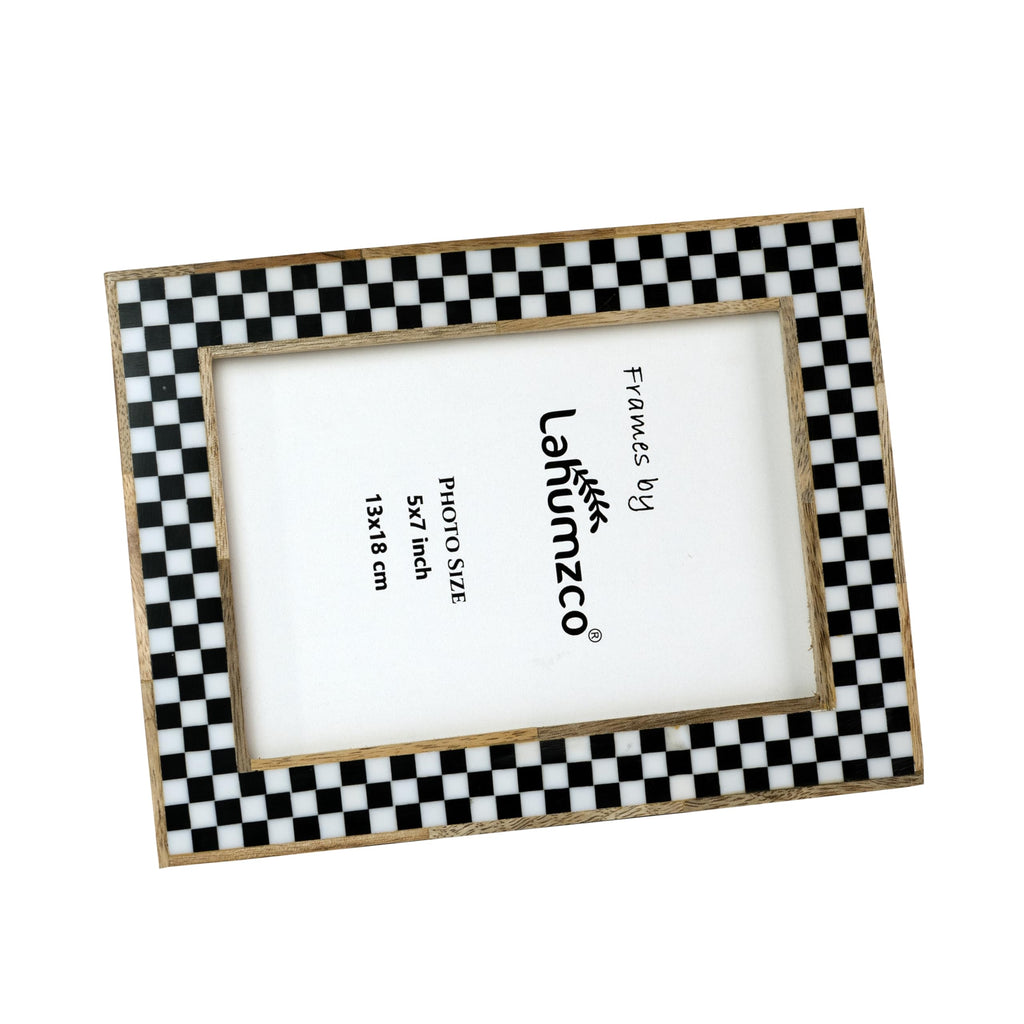 5x7 Handmade Photo Frame - Black & White Checkered Wood Pattern, Vintage Rustic Style, Tabletop/Wall Decor