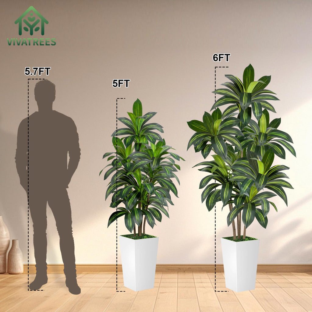 Dracaena Tree 5FT Artificial, 60in Tall Faux Dracaena Tree with 15.7 White Planter, Fake Potted Tree for Indoor &