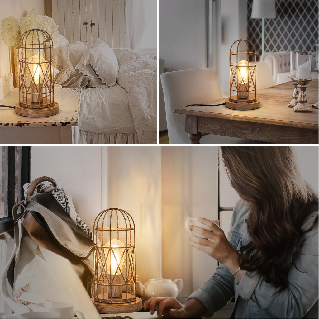 Touch Table Lamp, Industrial Desk Lamp with Rustic Wood Metal Cage Shade
