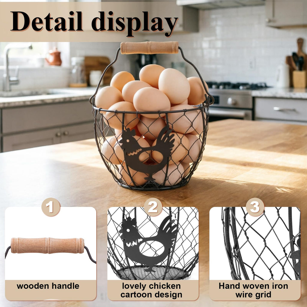 Wire Egg Basket Set of 2, Rooster Design Wooden Handle Farm Egg Storage 6.5in & 7.5in