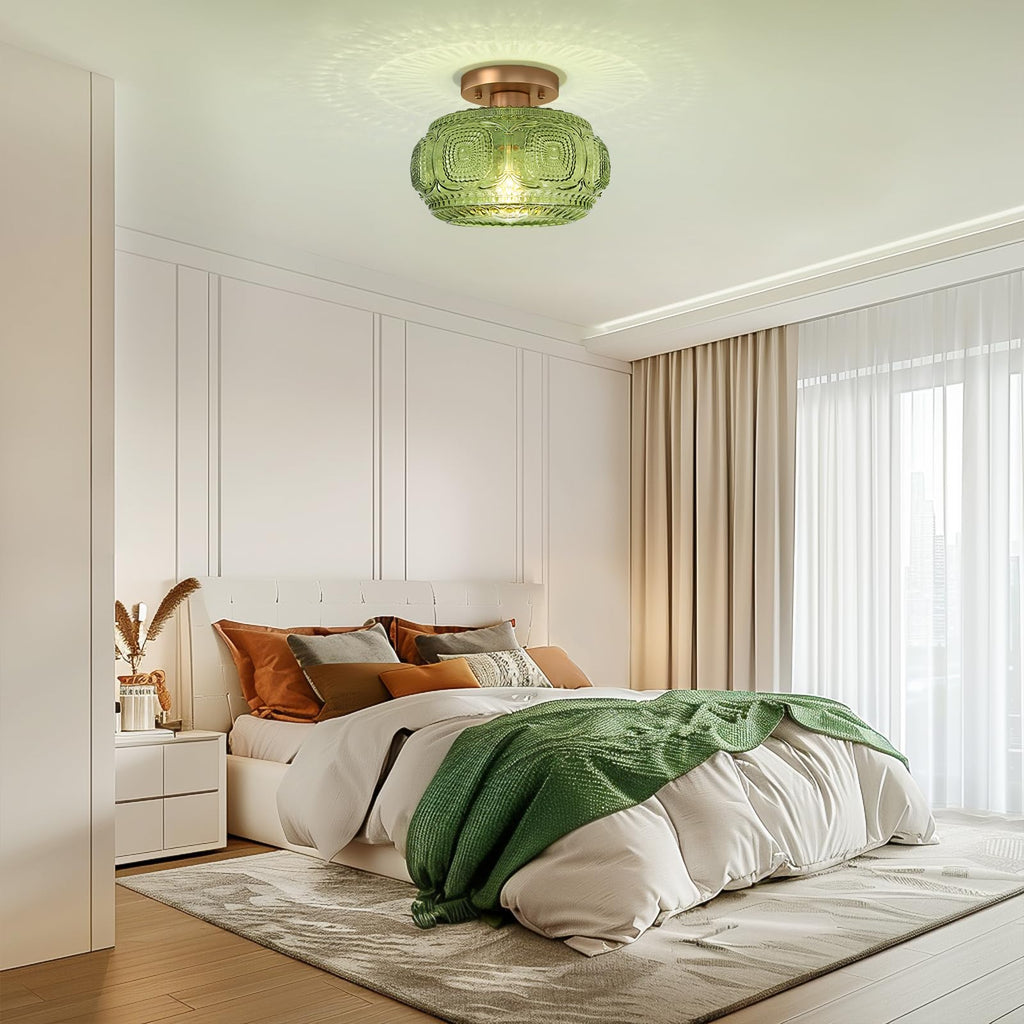 Art Deco Globe Glass Semi Flush Mount Ceiling Light Fixture, Green
