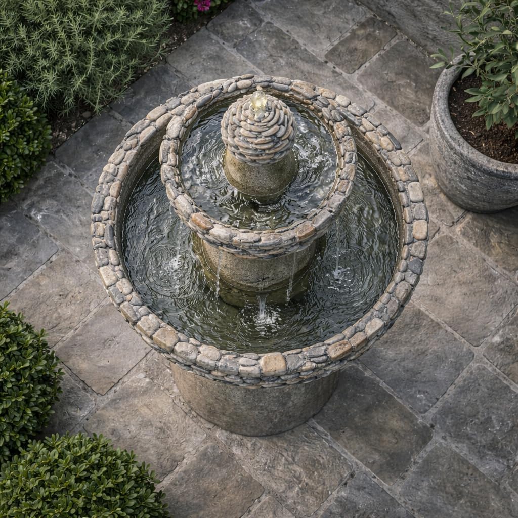 36.5 in. Outdoor 3-Tier Zen-Style Pedestal Water Fountain in. with Stone Trim with Pump and 2.64 Gallon Capacity
