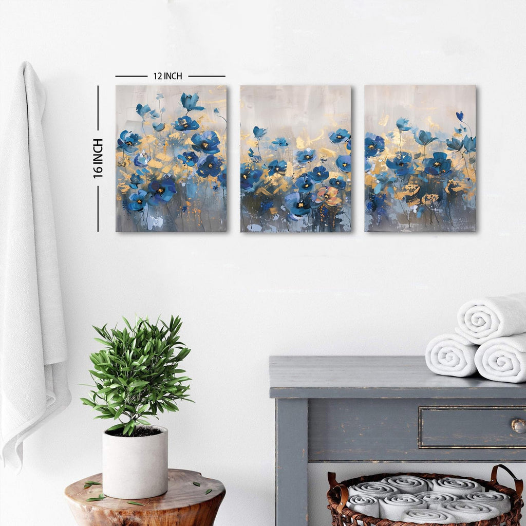 Abstract Blue Flower Wall Art Navy Blue and Gold Floral Wall Decor Modern Gold Blue Wildflower Canvas Prints Decor