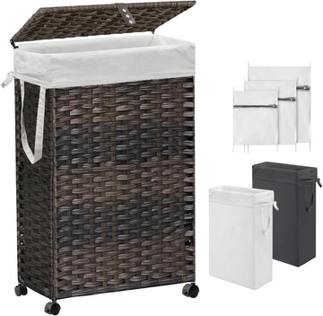 70L Slim Laundry Hamper with Lid & Wheels, Rolling Laundry Basket with 2 Removable Liner Bags & 3 Mesh Bags, Narrow