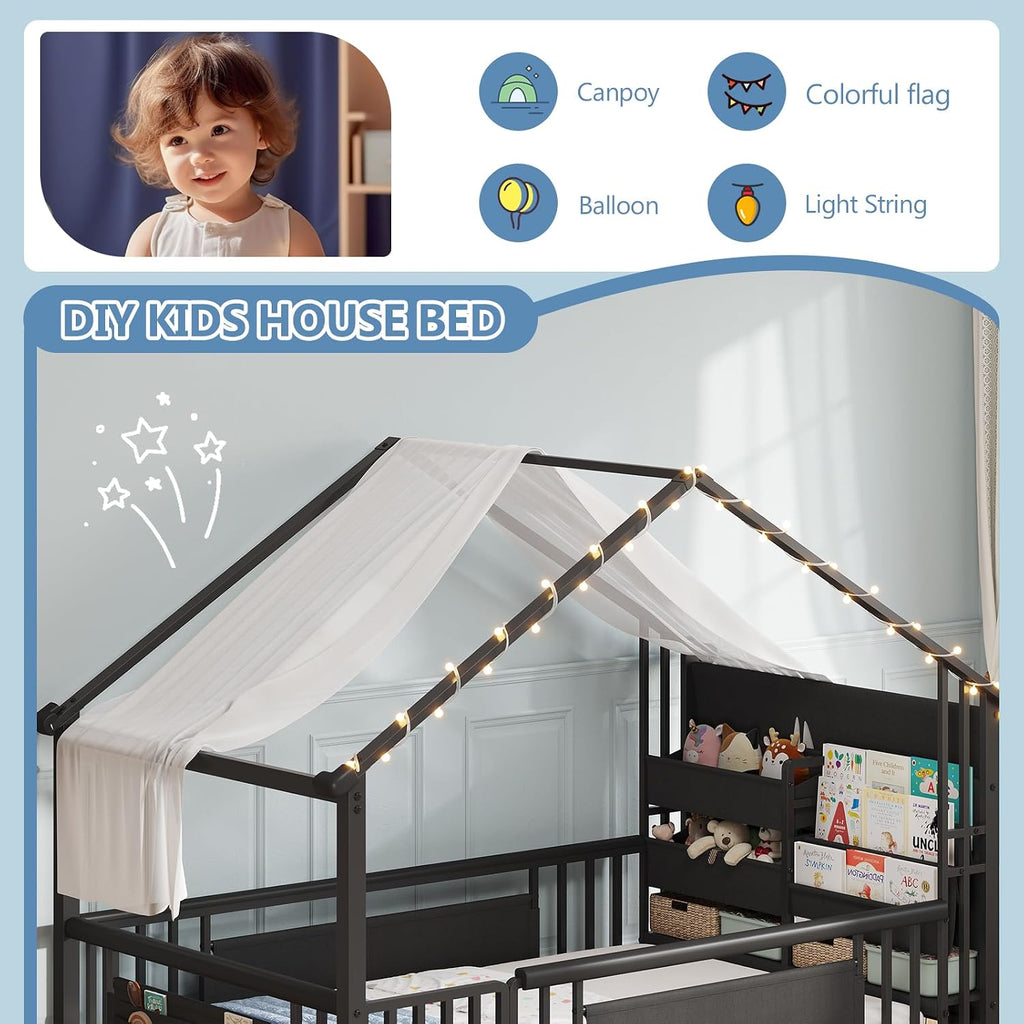 Montessori Floor Bed with Storage Bookshelf and Wood Slats House Floor Bed for Toddlers with Safety