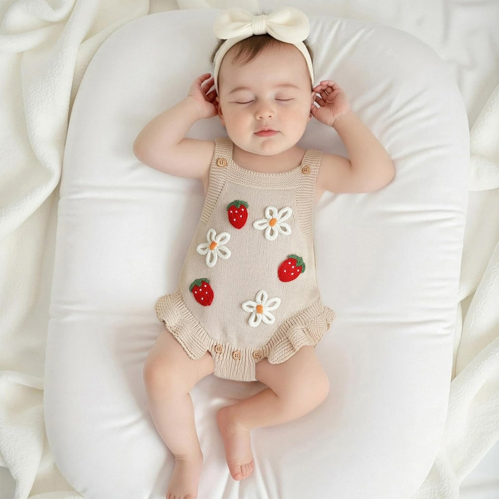 Newborn Infant Baby Girl Clothes Strawberry Embroidery Sleeveless Knit Ruffle Romper Sweater Overalls Bodysuit