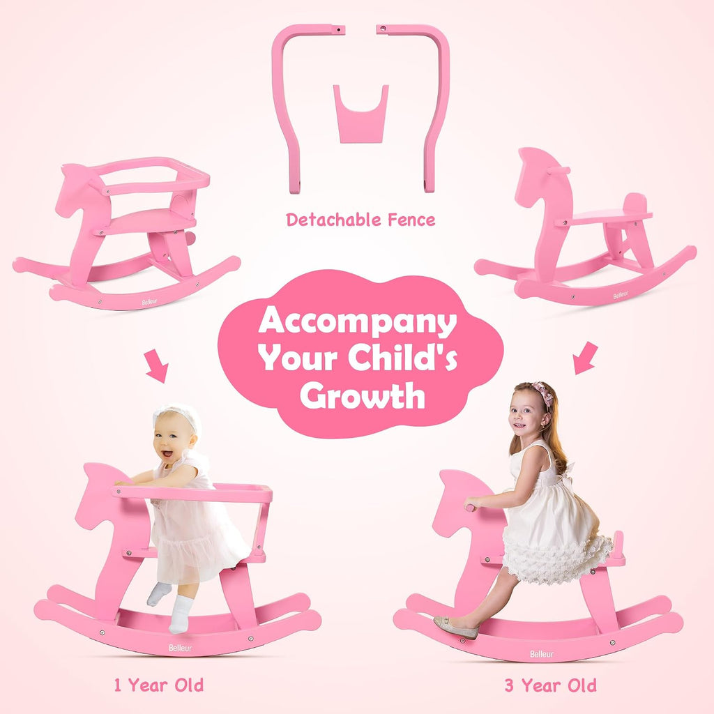 Rocking Horse for Chriden1-3 Years Old, Wooden Rocking Toy Removable Fence for Indoor & Outdoor Activities, Horse
