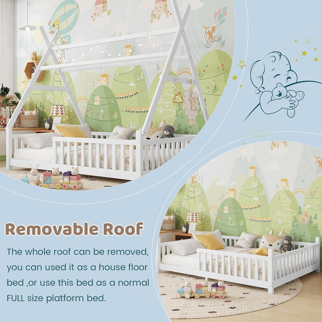 Full Tent-Shaped Bed for Kids with LED Light, Teepee Floor Bed with Guardrails, Wooden Montessori Bed Frame