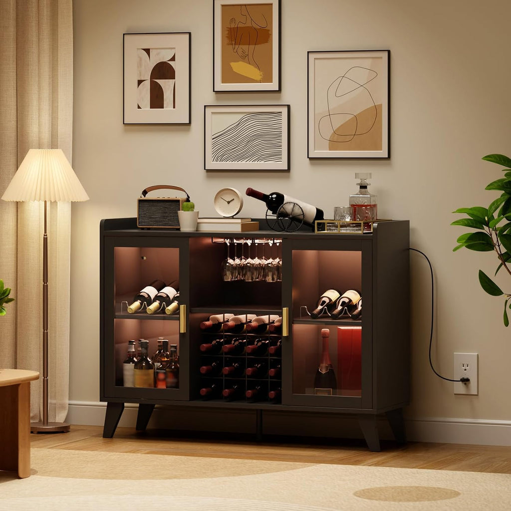 47" Wine Cabinet with LED Light, Living Room Compact Wine Bottle Storage , Wine Bar Cabinet with Glasses Rack